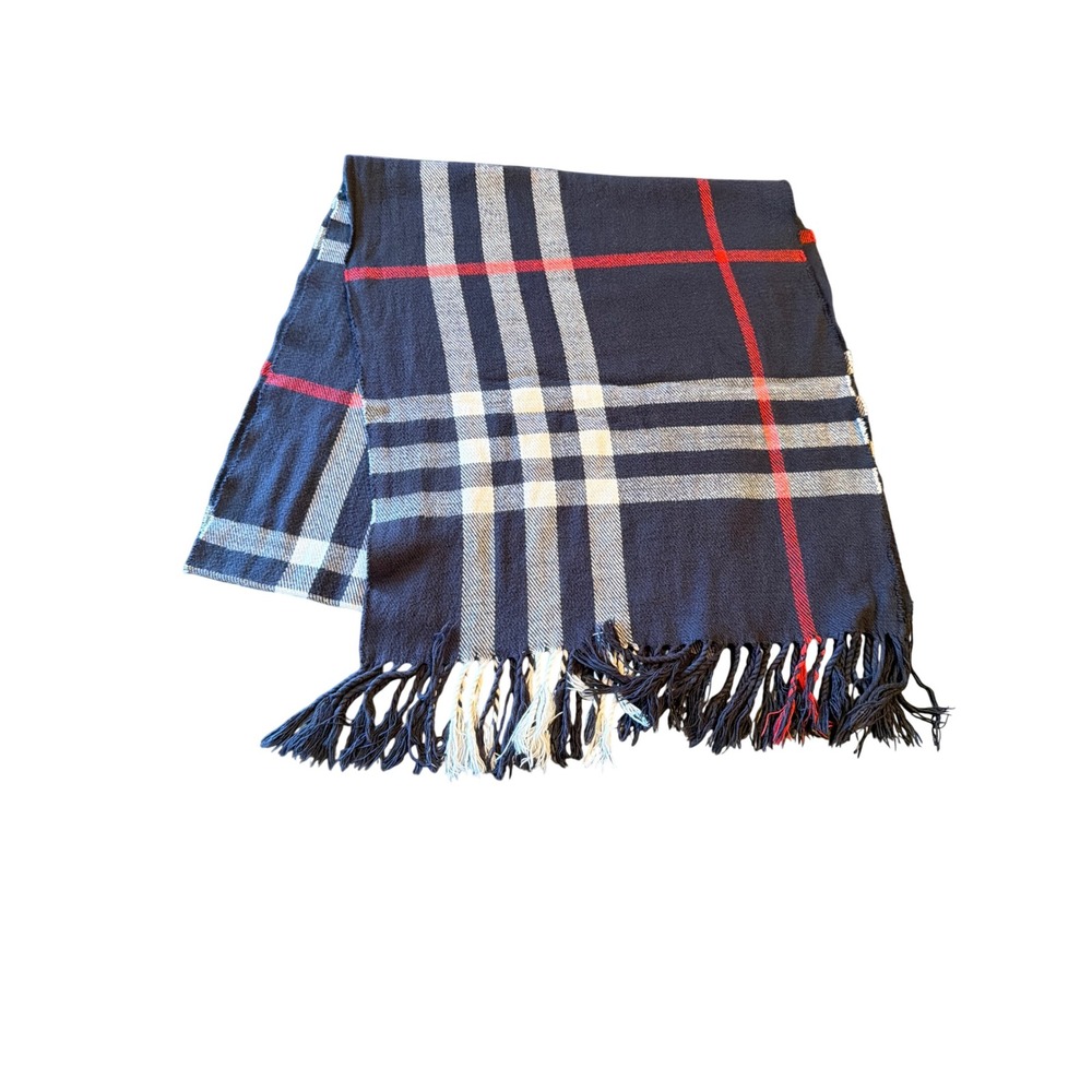 Royal Rossi Scarf Navy Blue 100% Cashmere Plaid Check Fringed Winter Accessory